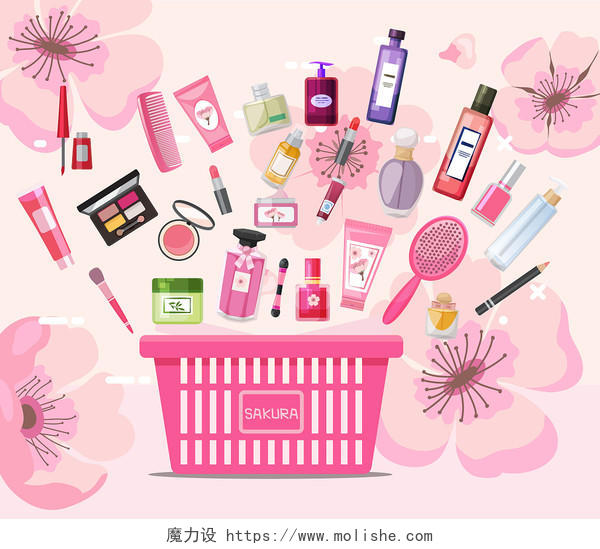 粉色樱花美妆产品购物车购物促销双11双12购物节小推车